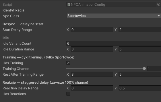 NPCAnimationConfig Inspector - Sportowiec class settings with desync delay, idle variants and training cycle